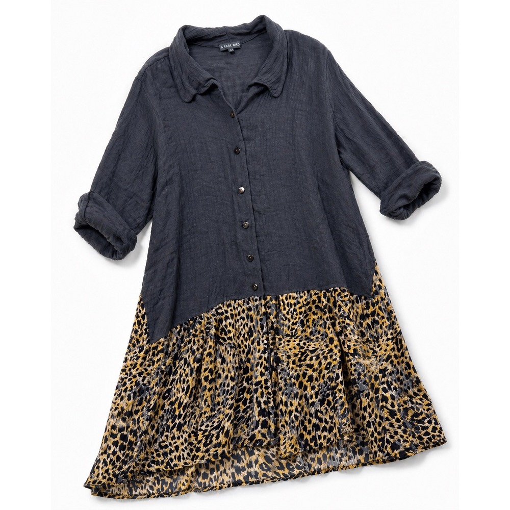 A Rare Bird Black Leopard Print Burnout Velvet Tunic Button Down Top Size S/M